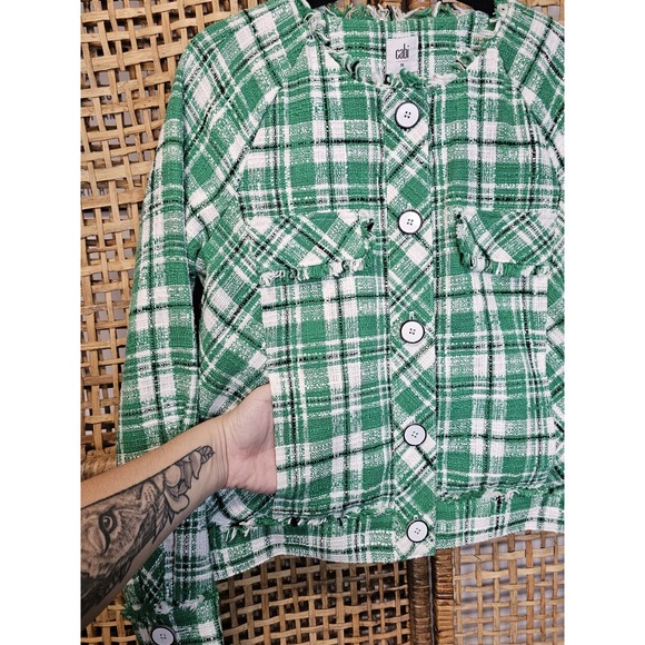 Cabi‎ Library Women's MJacket Green White Black Plaid Tweed Blazer fringe hem - Picture 3 of 8